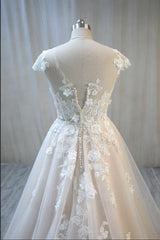 Wedding Dresse Unique, Elegant Long A-Line Bateau Backless Appliques Lace Tulle Wedding Dress