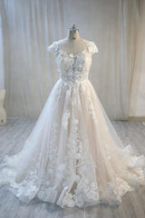 Wedding Dresses Silk, Elegant Long A-Line Bateau Backless Appliques Lace Tulle Wedding Dress