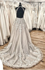 Wedding Dresses Lace A Line, Elegant Long A-line Halter Backless Appliques Lace Tulle Ruffles Train Wedding Dress