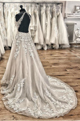 Wedding Dresses Inspiration, Elegant Long A-line Halter Backless Appliques Lace Tulle Ruffles Train Wedding Dress