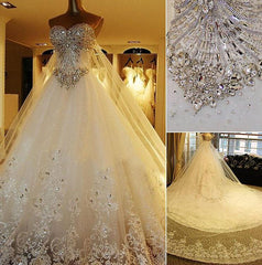 Wedding Dress Tulle, Elegant Long A Line Sweetheart Appliques Crystal Beading Wedding Dress