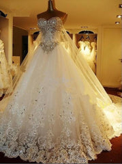 Wedding Dresses With Long Sleeves, Elegant Long A Line Sweetheart Appliques Crystal Beading Wedding Dress