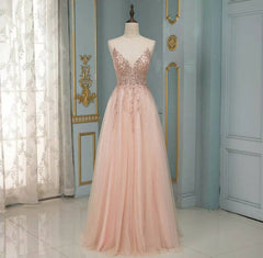 Prom Dresses Different, Elegant Long A-line V-neck Sequins Tulle Backless Prom Dress