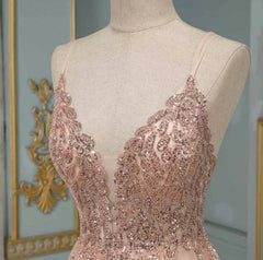 Prom Dress For Teens, Elegant Long A-line V-neck Sequins Tulle Backless Prom Dress