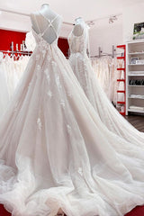 Wedding Dress Styles, Elegant Long A-line V Neck Sleeveless Ruffles Backless Wedding Dress