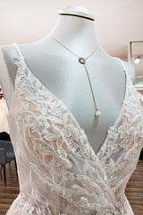 Wedding Dress Ideas, Elegant Long A-line V Neck Sleeveless Ruffles Backless Wedding Dress