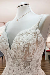 Wedding Dresses Lace, Elegant Long A-line V Neck Sleeveless Ruffles Backless Wedding Dress