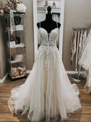Wedding Dresses Lace, Elegant Long A-line V Neck Spaghetti Straps Lace Tulle Wedding Dresses