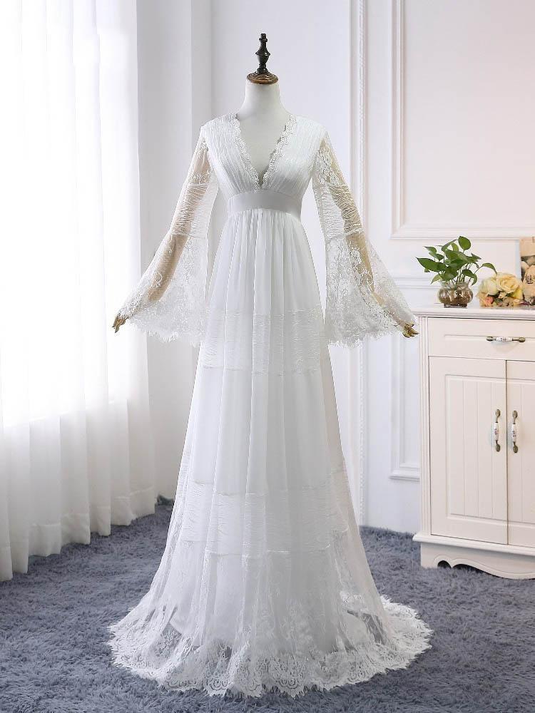 Wedding Dresses For Over 55S, Elegant Long A-line V-Neck Tulle Lace Wedding Dresses with Sleeves