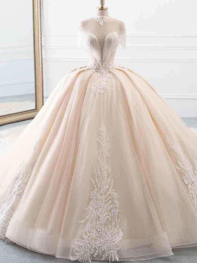 Wedding Dress Straps, Elegant Long Ball Gown High Neck Tassel Sleeves Tulle Wedding Dresses