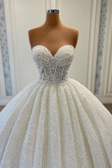 Wedding Dresses A Line Lace, Elegant Long Ball Gown Sweetheart Sleeveless Sequined Tulle Lace Wedding Dresses