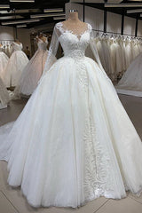 Wedding Dresses A Line, Elegant Long Ball Gown Sweetheart Tulle Wedding Dress with Sleeves