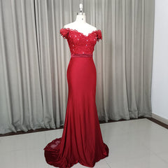 Prom Dresses Patterned, Elegant Long Mermaid Spandex Off Shoulder Party Dress, Wine Red Bridesmaid Dress