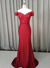 Prom Dresses Patterns, Elegant Long Mermaid Spandex Off Shoulder Party Dress, Wine Red Bridesmaid Dress