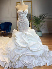 Wedding Dresses For The Beach, Elegant Long Mermaid Sweetheart Lace Up Crystal Wedding Dresses