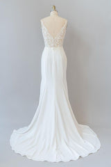 Wedding Dress For Over 52, Elegant Long Mermaid V-neck Lace Backless Wedding Dress