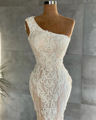 Wedding Dresses A Line Romantic, Elegant Long One Shoulder Appliques Lace Mermaid Wedding Dress