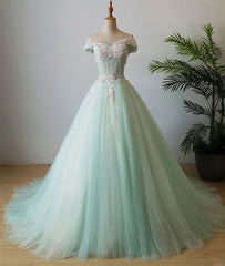 Prom Dresses 2022 Ball Gown, Elegant Off Shoulder Light Green Tulle Sweet 16 Dress, Long Formal Gown