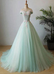 Prom Dress 00, Elegant Off Shoulder Light Green Tulle Sweet 16 Dress, Long Formal Gown
