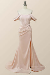 Party Dress Silk, Elegant Pink Off the Shoulder Mermaid Long Formal Gown