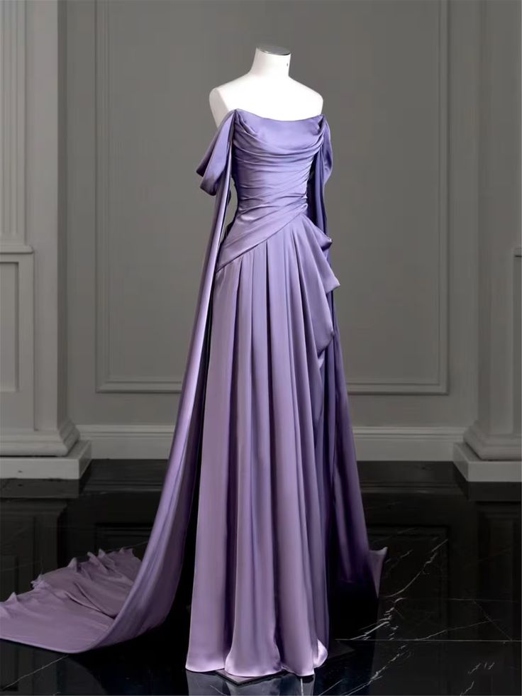 Shirt Dress, Elegant Purple Satin Prom Dress, Draped Bodice Formal Party Dress