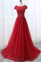 Prom Dress Long Elegant, Elegant Red Tulle Long Prom Dress with Lace Applique, Red Party Gowns