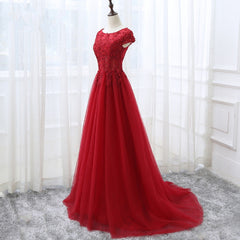 Prom Dresses Silk, Elegant Red Tulle Long Prom Dress with Lace Applique, Red Party Gowns