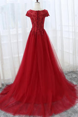 Prom Dress Pieces, Elegant Red Tulle Long Prom Dress with Lace Applique, Red Party Gowns