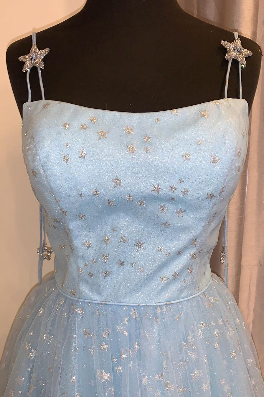 Formal Dress Store Near Me, Elegant Spaghetti Straps A-Line Light Sky Blue Tulle Formal Dresses