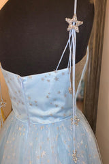 Formal Dress Stores Near Me, Elegant Spaghetti Straps A-Line Light Sky Blue Tulle Formal Dresses