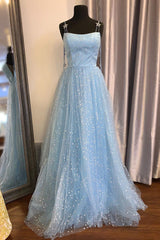 Formal Dresses Websites, Elegant Spaghetti Straps A-Line Light Sky Blue Tulle Formal Dresses