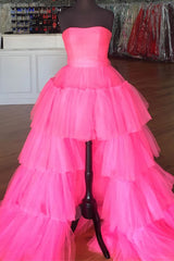 Formal Dress Ballgown, Elegant Strapless Layered Hot Pink Long Prom Dress with Slit Formal Gown