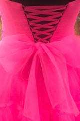 Formal Dress Party Wear, Elegant Strapless Layered Hot Pink Long Prom Dress with Slit Formal Gown