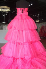 Formal Dresses Ballgown, Elegant Strapless Layered Hot Pink Long Prom Dress with Slit Formal Gown