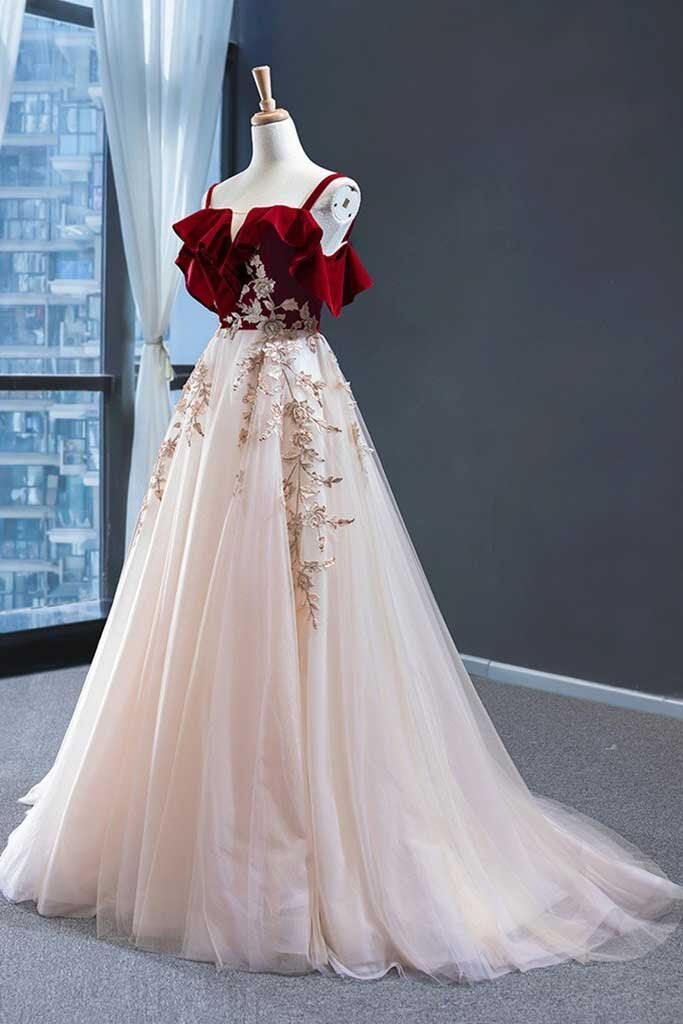 Floral Bridesmaid Dress, Elegant Straps Tulle with Velvet Red Long Prom Formal Dress,Maxi Dresses