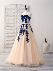 Wedding Dress Guest, Elegant Sweetheart Tulle Lace Applique Blue Long Prom Dresses