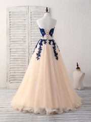 Short Dress Style, Elegant Sweetheart Tulle Lace Applique Blue Long Prom Dresses