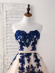 Women Dress, Elegant Sweetheart Tulle Lace Applique Blue Long Prom Dresses