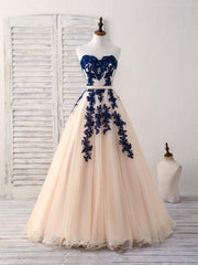 Dress To Impression, Elegant Sweetheart Tulle Lace Applique Blue Long Prom Dresses