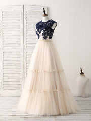 Club Outfit For Women, Elegant Tulle Lace Applique Long Prom Dress Tulle Evening Dress