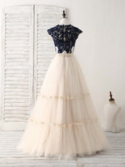 Prom Dress Pink, Elegant Tulle Lace Applique Long Prom Dress Tulle Evening Dress