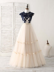 Modest Dress, Elegant Tulle Lace Applique Long Prom Dress Tulle Evening Dress