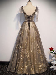 Emerald Green Bridesmaid Dress, Elegant V-neck Organza Grey Lace A-line Spaghetti Straps Lace-up Back Long Prom Dress