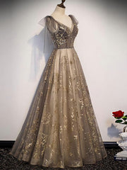 Autumn Wedding, Elegant V-neck Organza Grey Lace A-line Spaghetti Straps Lace-up Back Long Prom Dress