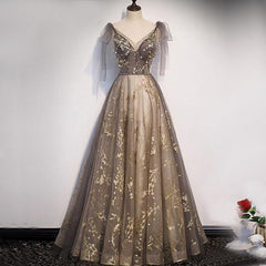 Short Prom Dress, Elegant V-neck Organza Grey Lace A-line Spaghetti Straps Lace-up Back Long Prom Dress