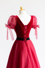 Night Club Outfit, Elegant V-Neck Tulle and Velvet Long Prom Dress, Burgundy A-Line Evening Dress