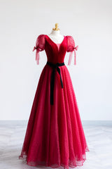 Silk Prom Dress, Elegant V-Neck Tulle and Velvet Long Prom Dress, Burgundy A-Line Evening Dress