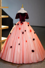 Short Prom Dress, Elegant Velvet Tulle Long Formal Dress, Burgundy Off the Shoulder Sweet Flower Party Dress