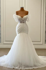 Wedding Dressed With Pockets, Elegant White Long Mermaid Off the Shoulder Tulle Lace Wedding Dresses