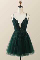Prom Dresses Long, Emerald Green Appliques A-line Short Homecoming Dress